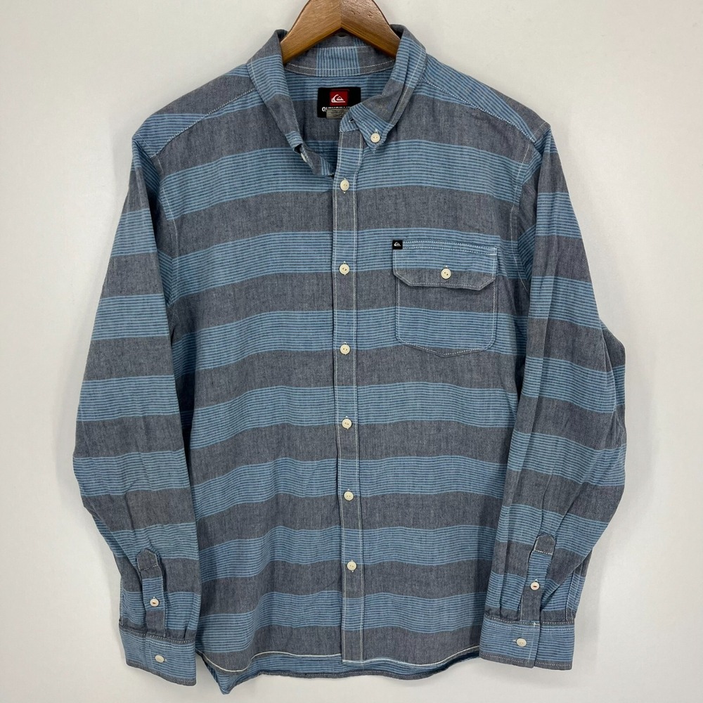 Quiksilver Mens Blue Grey Striped Long Sleeve Button Down Shirt Large